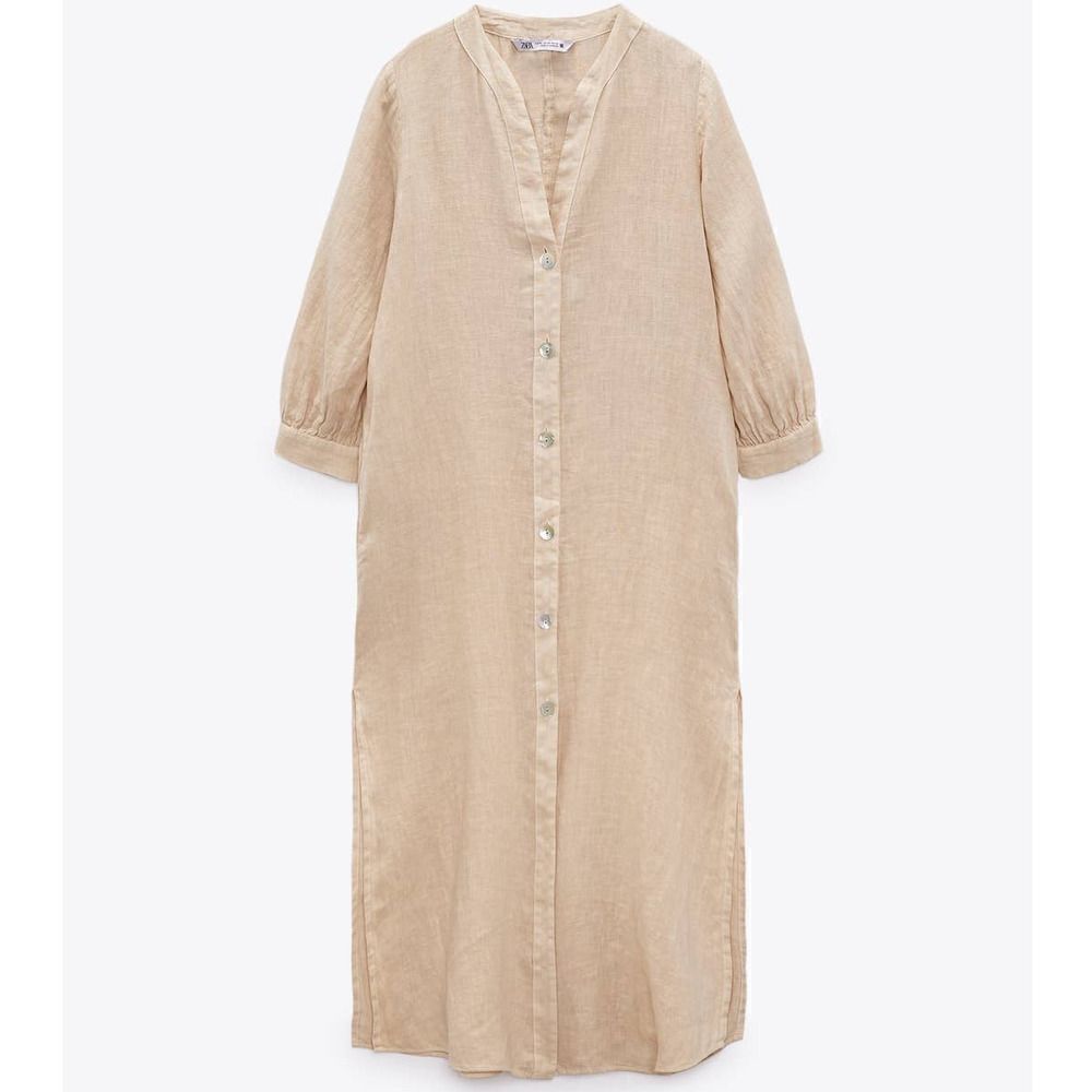 Zara 100% Linen Dress Midi Pockets Vents Sand - Picture 2 of 7